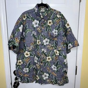 Go Barefoot Reverse Print Hawaiian Aloha Shirt 2XL Floral Blue Short Sleeve USA
